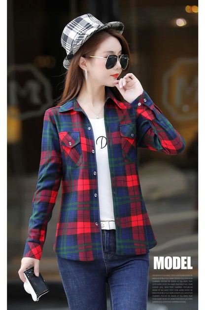 Women's Fleece Lined Long Sleeve Shirt Mid Length Thick Winter Warm Korean Style Elastic plus Size Plaid Patterned Button up