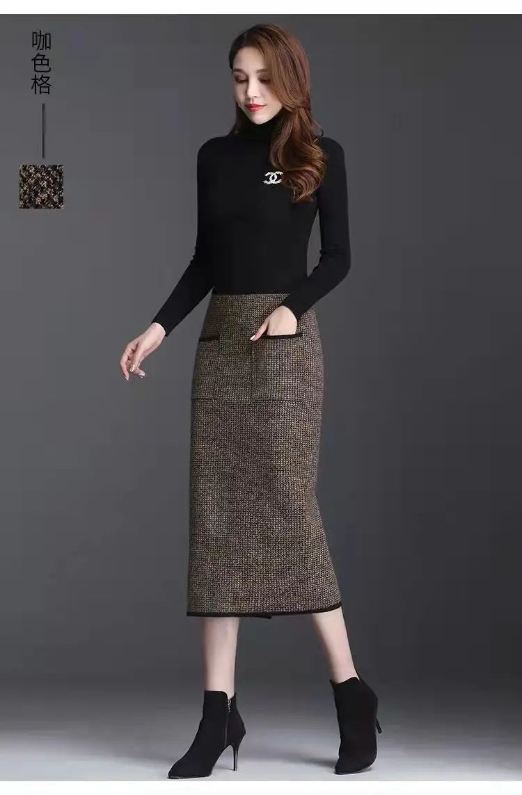 New Style Gold Mink Cashmere Elastic High Waist Office Lady Knee-length Skirts Solid Split Fork Hip Wrap Skirt High Elasticity