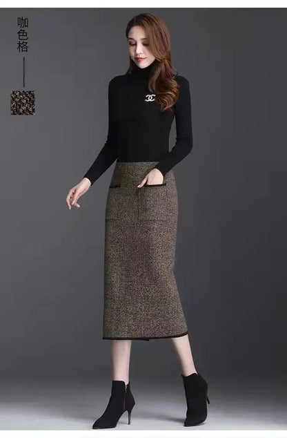 New Style Gold Mink Cashmere Elastic High Waist Office Lady Knee-length Skirts Solid Split Fork Hip Wrap Skirt High Elasticity