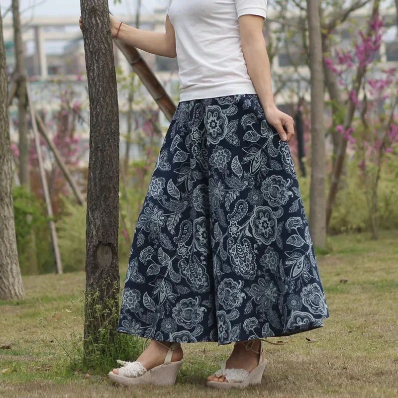 Cotton Linen Skirts for Women Fashion Casual Bohemian Y2k Print Long Skirt Summer Vintage Maxi Bottom Saias Woman Clothes Faldas