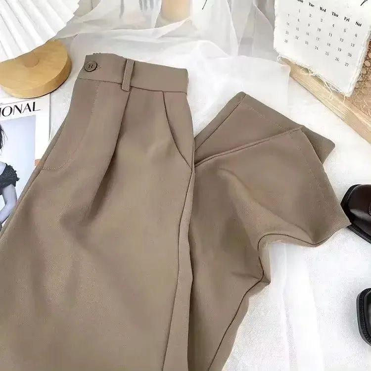 Fashion Elastic High Waist Suit Pants Women Fall Spring Casual Loose Straight Black Trouser Office Ladies Nine Points Streetwear