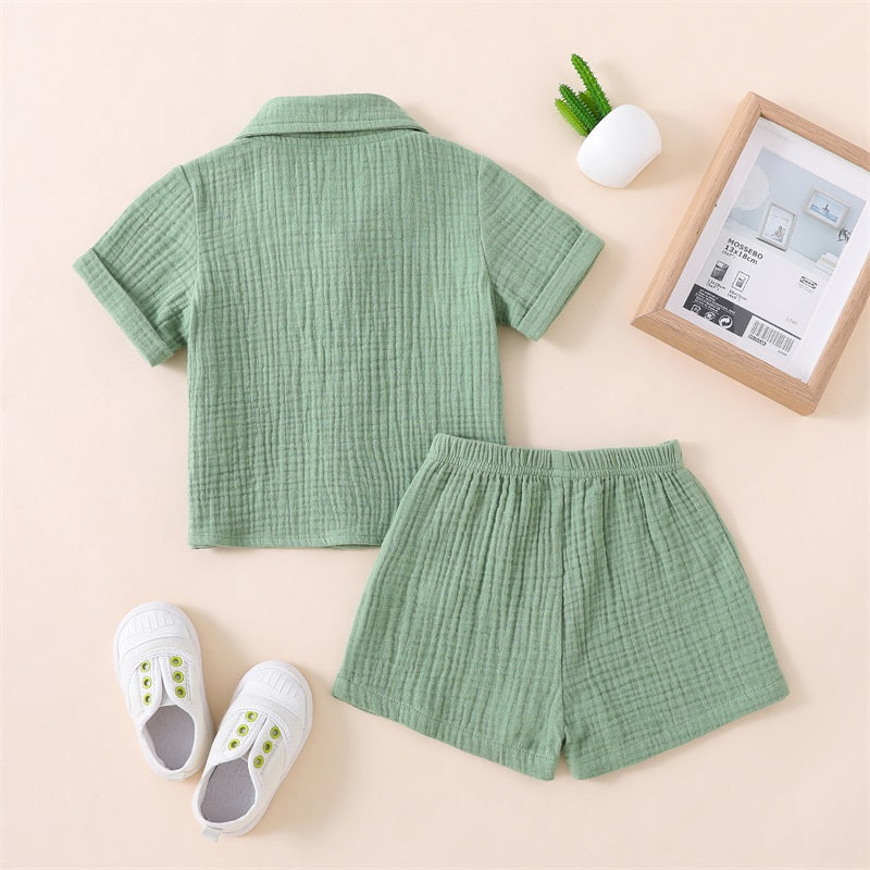 Cotton Linen Casual Toddler Baby Boys Summer Outfits Solid Short Sleeve Pocket Button Down Lapel Shirt + Shorts 2PCS Clothes Set