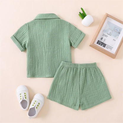 Cotton Linen Casual Toddler Baby Boys Summer Outfits Solid Short Sleeve Pocket Button Down Lapel Shirt + Shorts 2PCS Clothes Set