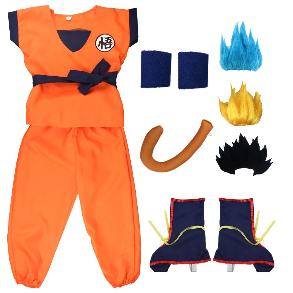 Adult Kids Son Goku Gui Carnival Cosplay Anime Costumes Halloween parties and Holiday Including Tail Wrist Wig Blue Gold Design