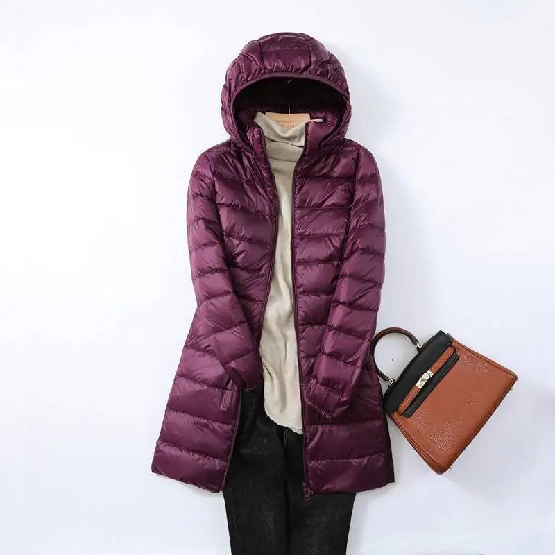 Hoody Long White Duck Down Coat Autumn Winter Portable Hooded Puffer Down Jacket Women Casual Double Zipper Windproof Thin Light