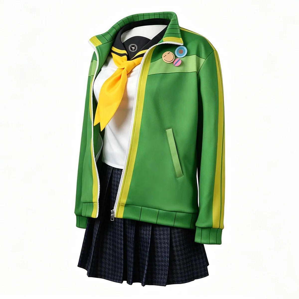 Anime Chie Satonaka Cosplay Costume JK Sport Uniform Costume Green Yellow Striped Zip-Up Track Jacket Skirt Set for Daily Suit