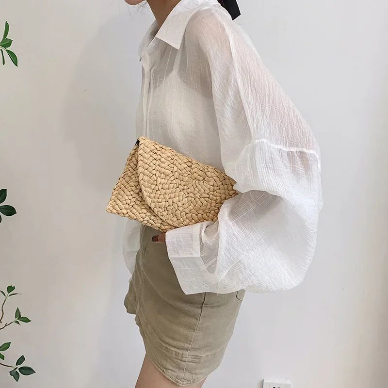 Fashionable Corn Husk Straw Bags Hand-woven Women Clutch Envelope Handbag Long Purse for Female Summer Beach Bag Bolsa 2024