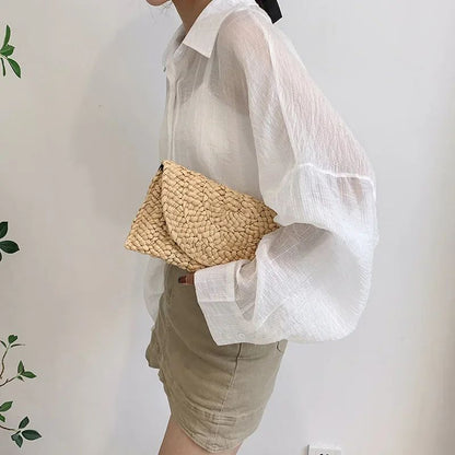 Fashionable Corn Husk Straw Bags Hand-woven Women Clutch Envelope Handbag Long Purse for Female Summer Beach Bag Bolsa 2024