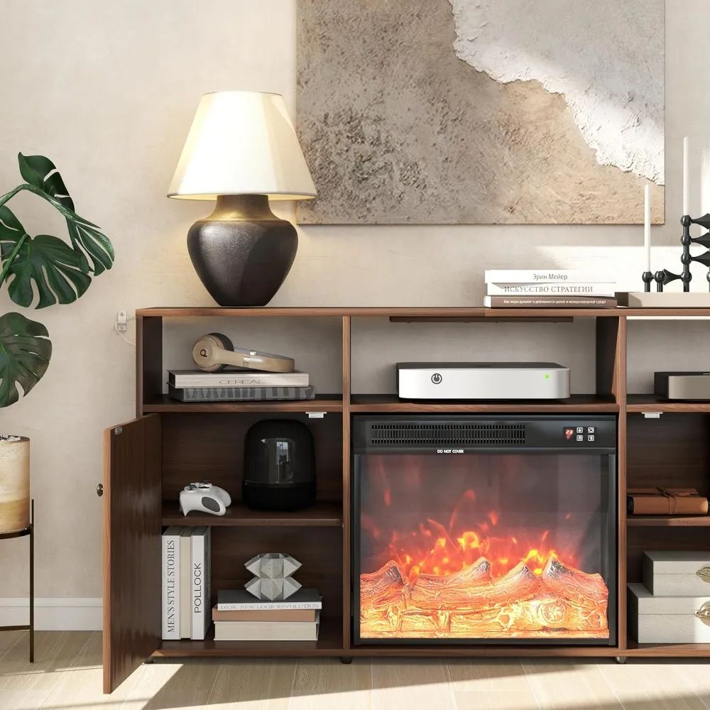 Mid Century Modern Electric Fireplace, TV Stand for Living Room and Bedroom, Retro Entertainment Center for 55 60 65 Inch TVs, 5