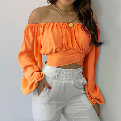 Women Sexy Off Shoulder Long Sleeve Top Self Tie Knot Crop Top Blouse Solid Color WoMen's Blouses Y2k Female Summer Shirts ????