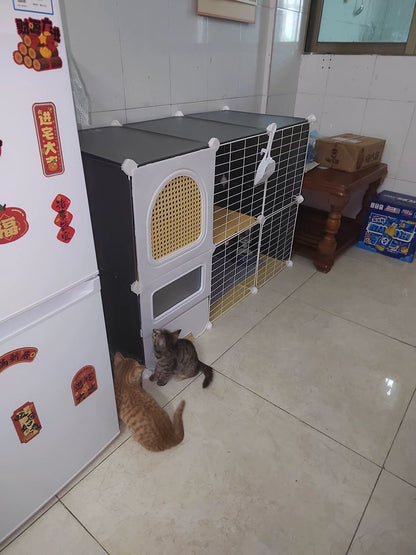 Gaiolas Grandes para Gatos com Cama e Caixa de Areia Casa de Gatos Interna de Vários Níveis Espaçosa Vila para Animais de Estimação 3 em 1 Cercadinho Espaçoso com Área de Descanso
