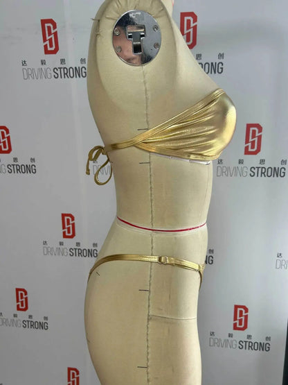 Sexy Bandeau Bikini 2025 Women Gold Black Metal Ring Linked Hollow Out Push Up Micro Swimsuit Shiny Bathing Suit Thong Swimwear