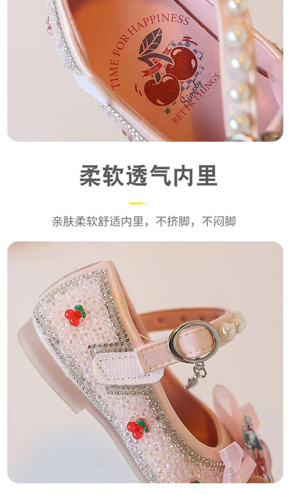 Children's Leather Shoes Autumn New Pink Soft Bottom Flat Kid's Casual Shoes Fashion Cute Cherry Bow Girls' Princess Shoes