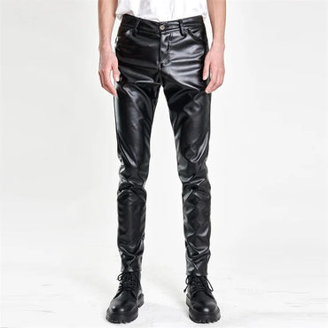 New Men Solid Color Slim Fit Faux Leather Pants Green / White / Black Homme Bar KTV High Street Biker Trousers