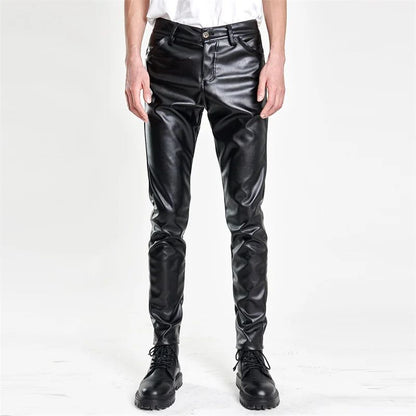 New Men Solid Color Slim Fit Faux Leather Pants Green / White / Black Homme Bar KTV High Street Biker Trousers