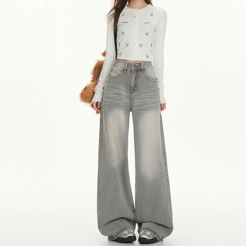 Gray American High Street Wide Leg Jeans Women Loose Drapey Slim Straight Floor-Length Pants High Waist Button Decoration