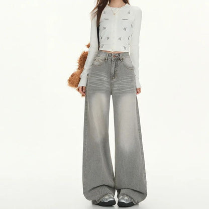 Gray American High Street Wide Leg Jeans Women Loose Drapey Slim Straight Floor-Length Pants High Waist Button Decoration