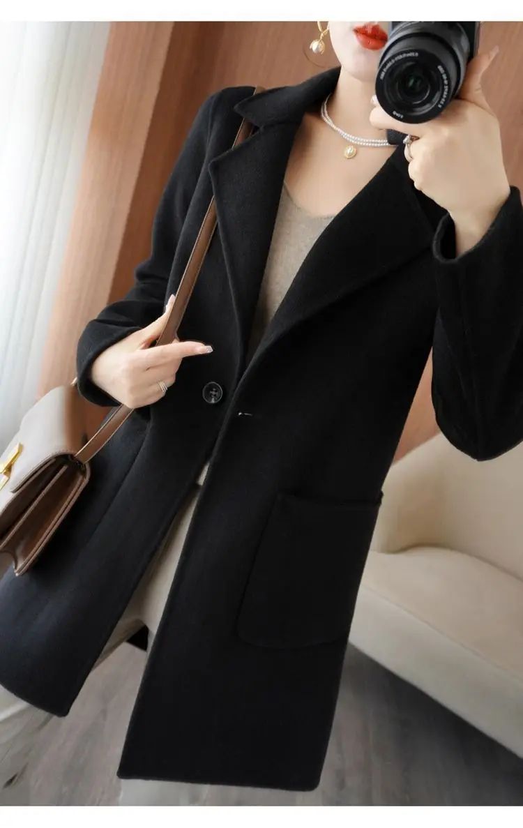 Ladies' Fashionable Woolen Coat Autumn Winter High End Medium Length Leisure Style Woolen Outerwear Pure Color Full Sleeve