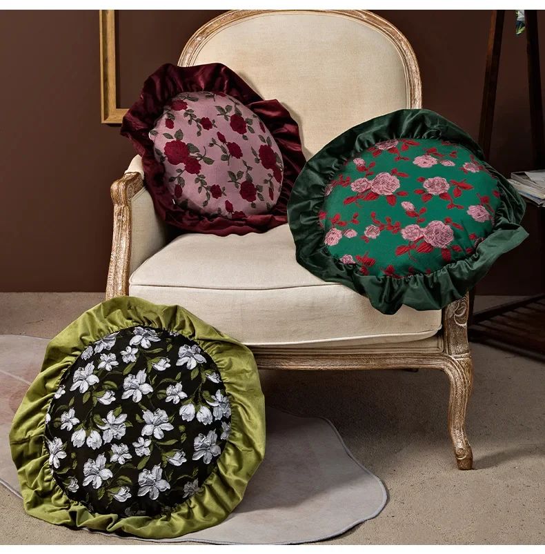 Removable Washable American Light Luxury Sofa Flower Pillow Homestay Round Cushion Retro Ruffle Edge Red Pillow  Throw Pillows