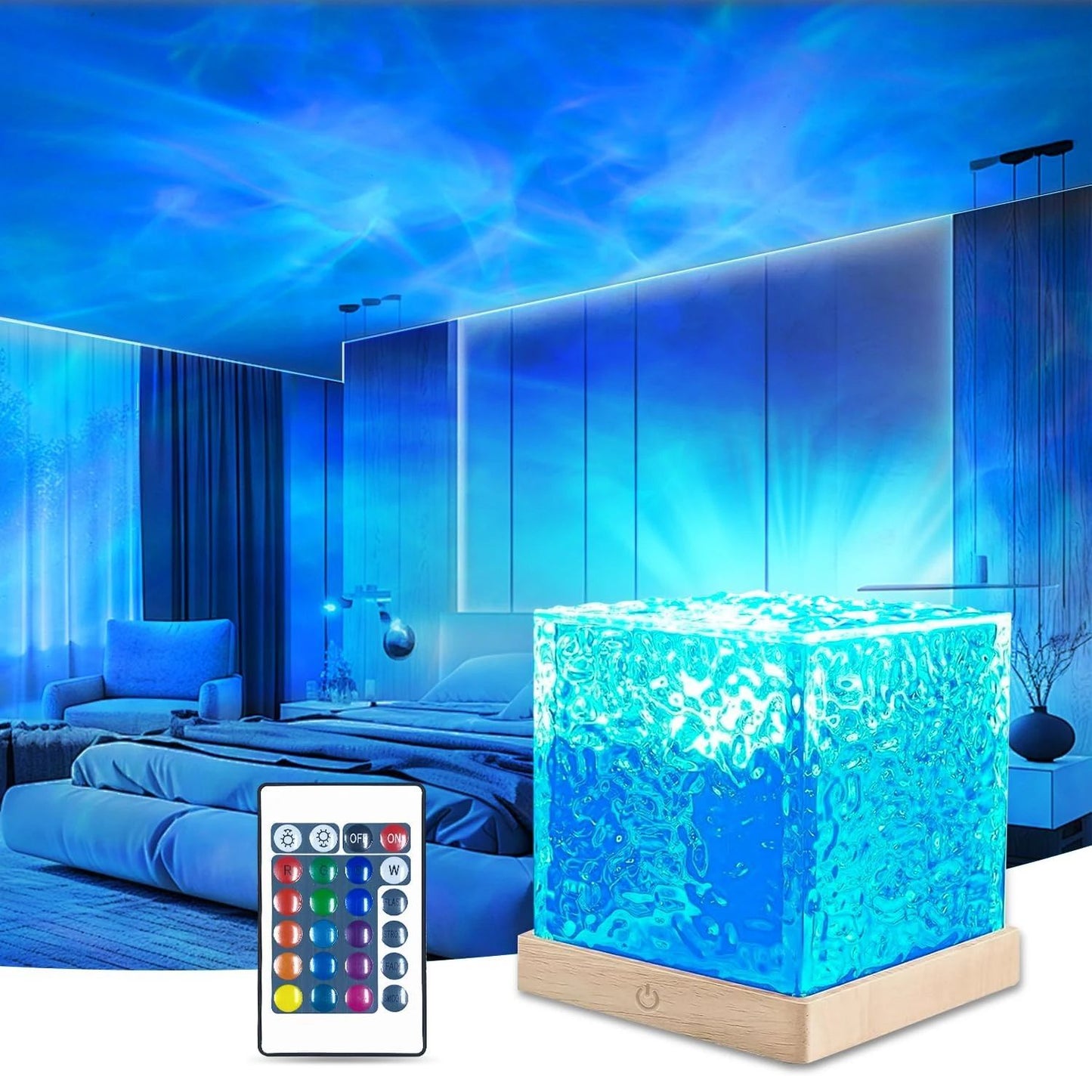 Ocean Wave Aurora Projector Light USB Remote RGB Water Ripple 16 Colors Night Light Home Office Bar Living Room Ambient Light