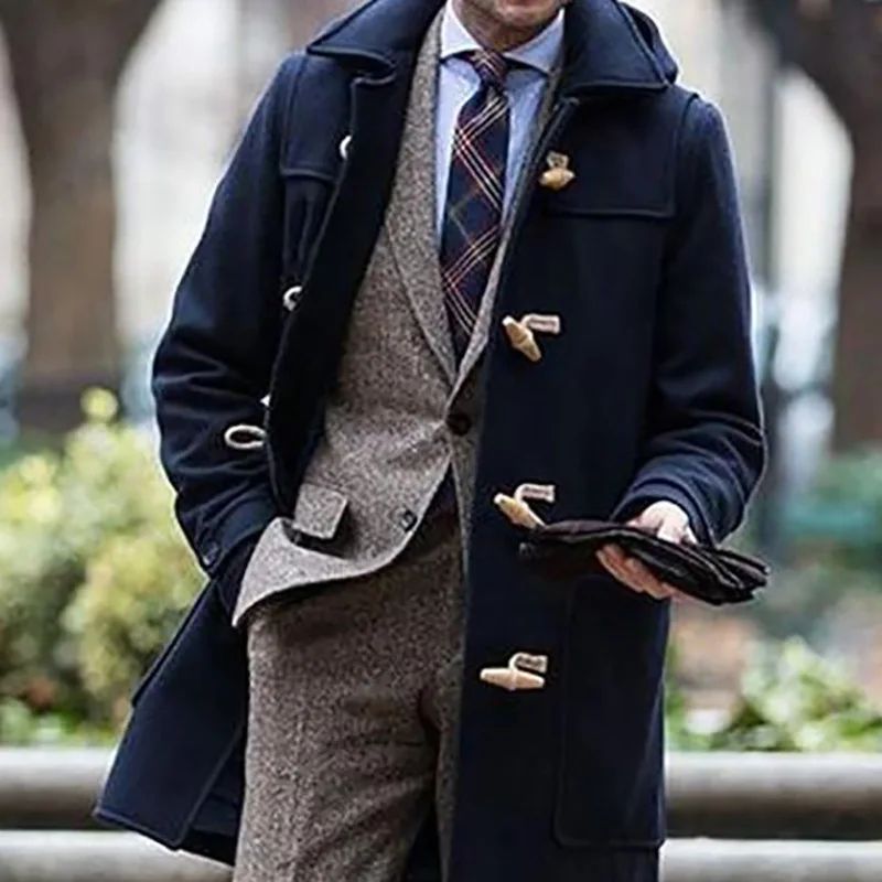 Men's Casual Single-breasted Lapel Solid Color Overcoat in Mid-to-long Style for Autumn and Winter, Trendy Coat Jacket S-XXXL
