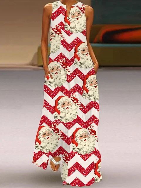 Christmas Dress For Womens Cute CartoonChristmas Element Pattern Print Maxi Dress Sexy Sleeveless V-neck Casual Long Dress Robe