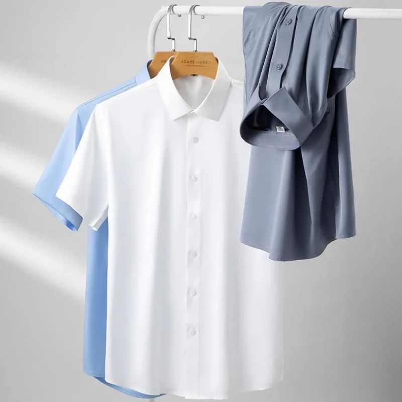 Stretch Anti-Wrinkle Smooth Men's Shirts Short Sleeves Dress Shirts For Men Slim Fit Camisa Social Business Blouse White Shirt