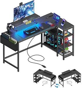 53inch L Shaped Desk,L Shaped Gaming Desk with Power Outlets & LED Lights, Computer Desk with Monitor Stand & Storage Bag, Home