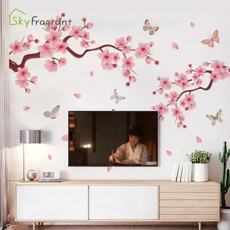 Ink Wall Stickers Wash Peach Blossom For Living Room Bedroom Home Flower Background Wall Decor Self-adhesive Sticker Wallpaper