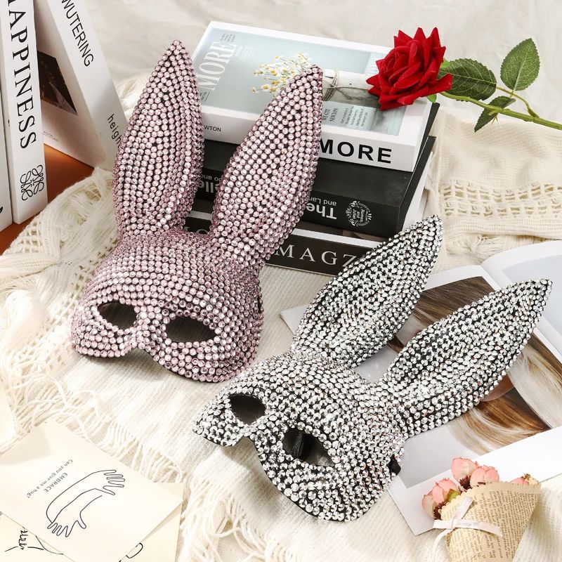 Full Diamond Animal Party Makeup Ball Shining Rabbit Mask for women Drama Performance Animal Costume Shooting Props, Halloween