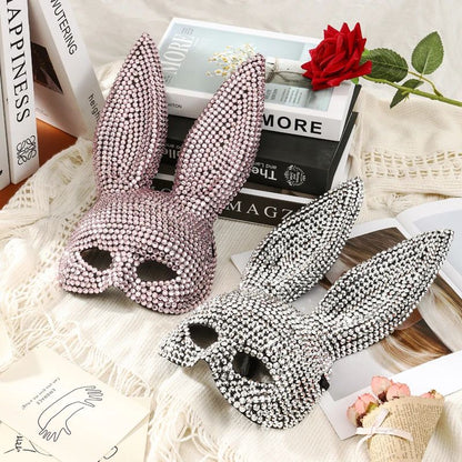 Full Diamond Animal Party Makeup Ball Shining Rabbit Mask for women Drama Performance Animal Costume Shooting Props, Halloween