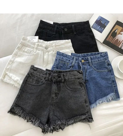 2025 New Summer Women High Wiast Raw Hem Denim Shorts Soild White Black Blue Korean Wide Leg Pants Mon Shorts  Jean Shorts