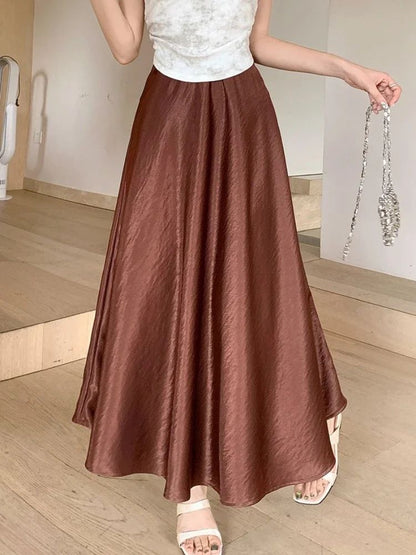 Plus Size Satin Half-Body Skirt Female 2026 Spring New Korean Fashion Temperament Elegant Solid Casual A-line Skirts