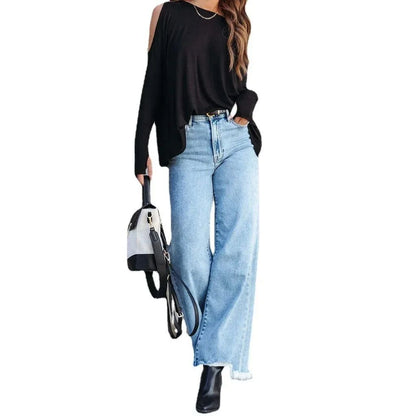 Women Denim Tassel Wide Leg Pants Jeans Washing Loose Fit Mid Waist Pockets Zipper Fly Solid Color Ankle Length Pants Basics