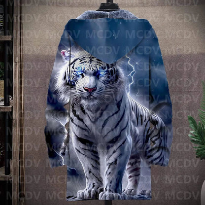 Men's Retro Print Plush Thick Long-Sleeved Coat Cardigan Tiger 3D Prined Fleece Hooded Overcoat Unisex Thick Warm Jacket