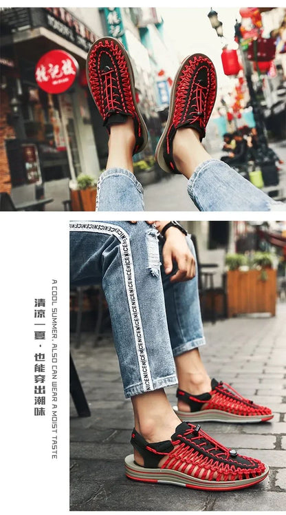 Summer Men Sandals Women Slippers Weaving Design Beach Sandals Breathable Casual Flat Sandals Outdoor Couples Sandals Size 48