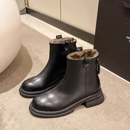 New Women Ankle Boots Fashion Female Square Heel Low-Heel Shoes Lady Boots Leather Woman Low-heel Keep Warm Ankle Boots Q109