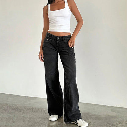 High Waist Straight Leg Women's Jeans Retro American Washed Denim Pants Autumn Street Style Wide Leg Trousers for Women