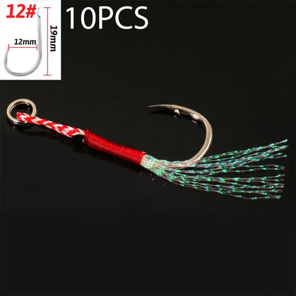 10 pçs/Lote Anzol Auxiliar Cast Jig Aço Carbono Ângulo Farpa Rosca Pena Isca Pesca Lento Jigging Mar Pesca Anzol