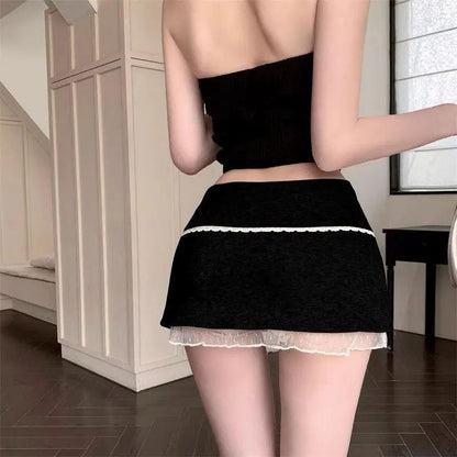 Mini Skirts Women Patchwork Lace Bow Hotsweet Summer A-Line Skirt with Safety Pants Fashion Side Slit Bodycon 2025 Lady Skirts