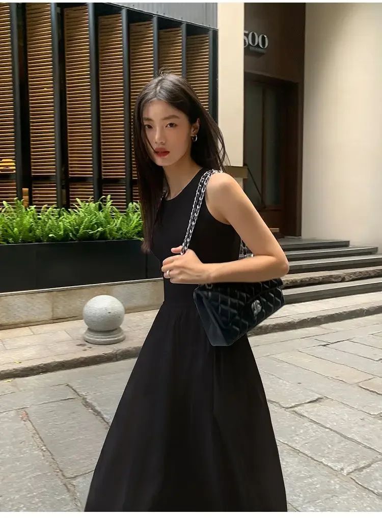 New Vintage Black Tank Top Midi Dress Wedding Dresses for Women Clothing O Neck