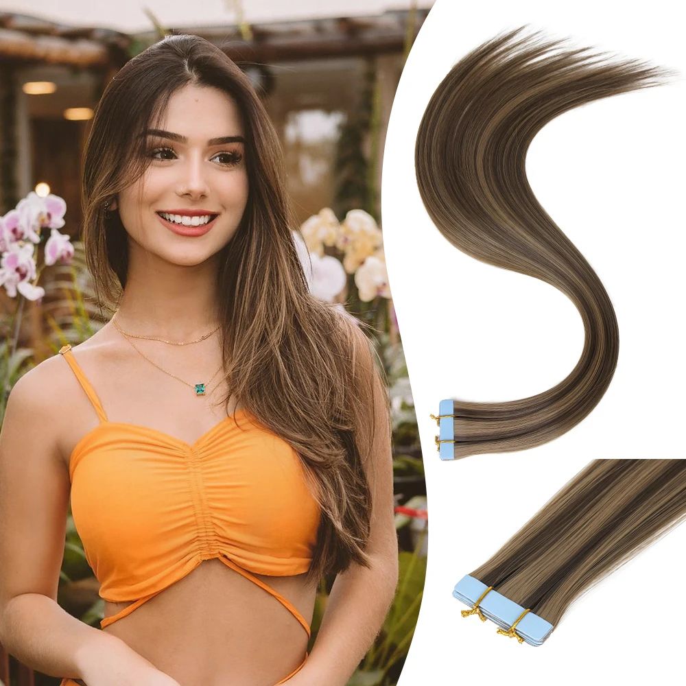 Tape In Hair Extensions Synthetic Hair 10Pcs 20Inch Long Straight Skin Weft Straight Seamless Hair Invisible Tape In Hairpiece