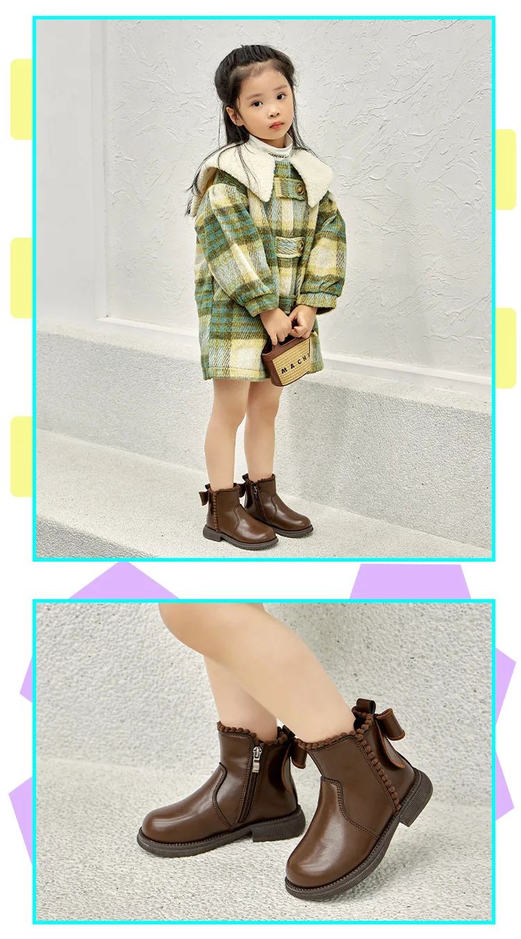 Girls Ankle Boots with Back Bow-knot Kids Short Boots Soft Sole 2025 New Girls' Princess Leather Boots with Warm Cotton Side Zip