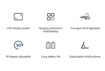 Portable Handheld Mini Fan Foldable Neck Hanging Fans 5 Speed USB Rechargeable Fan with Phone Stand and Display Screen 1800mAh