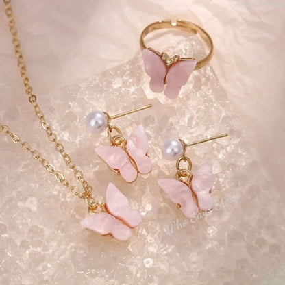 Conjuntos de Joias de Borboleta com Cristal Acrílico Romântico Pulseira Anel Colar Brinco Conjunto para Mulheres Acessórios de Vestido de Jantar de Casamento