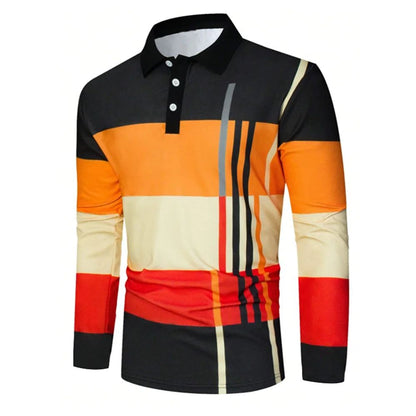 2025 autumn men's polo shirt long sleeved stand up collar patchwork printed top fashionable street casual T-shirt men's shirt