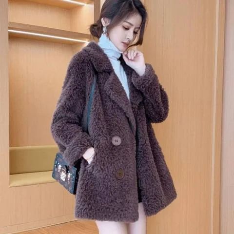 Thickened Lamb Velvet Jacket Women's Mid-Length Loose Slimming Fur Particle Velvet Coat Polyester Fiber Full Sleeve Long Coat
