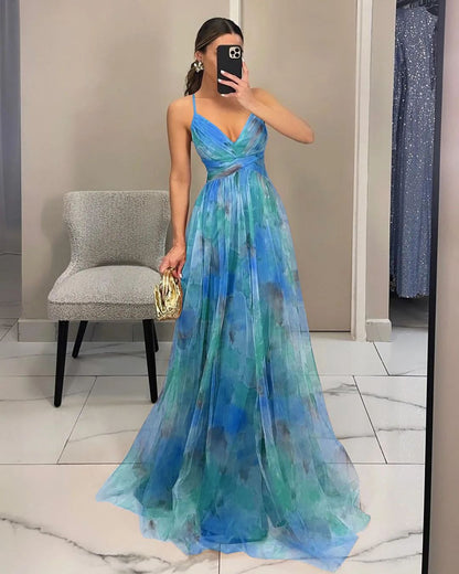 Summer Spring Off-Shoulder Lace Print Halter Dress Casual Party Holiday Dress V-Neck Floor-Length Polyester Fiber Dress