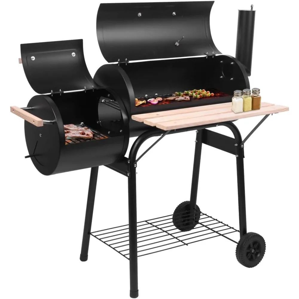 BBQ Charcoal Grill, Outdoor Patio Grill with Offset Smoker, Wheels and Tray for Balcony Picnics, Parties and Camping