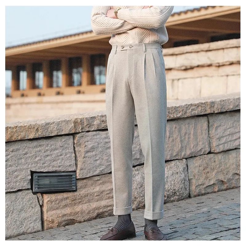 Men's Neapolitan High Waist Autumn Winter Woolen Trousers Straight Leg Drapey No Iron Business Pants Casual Scene